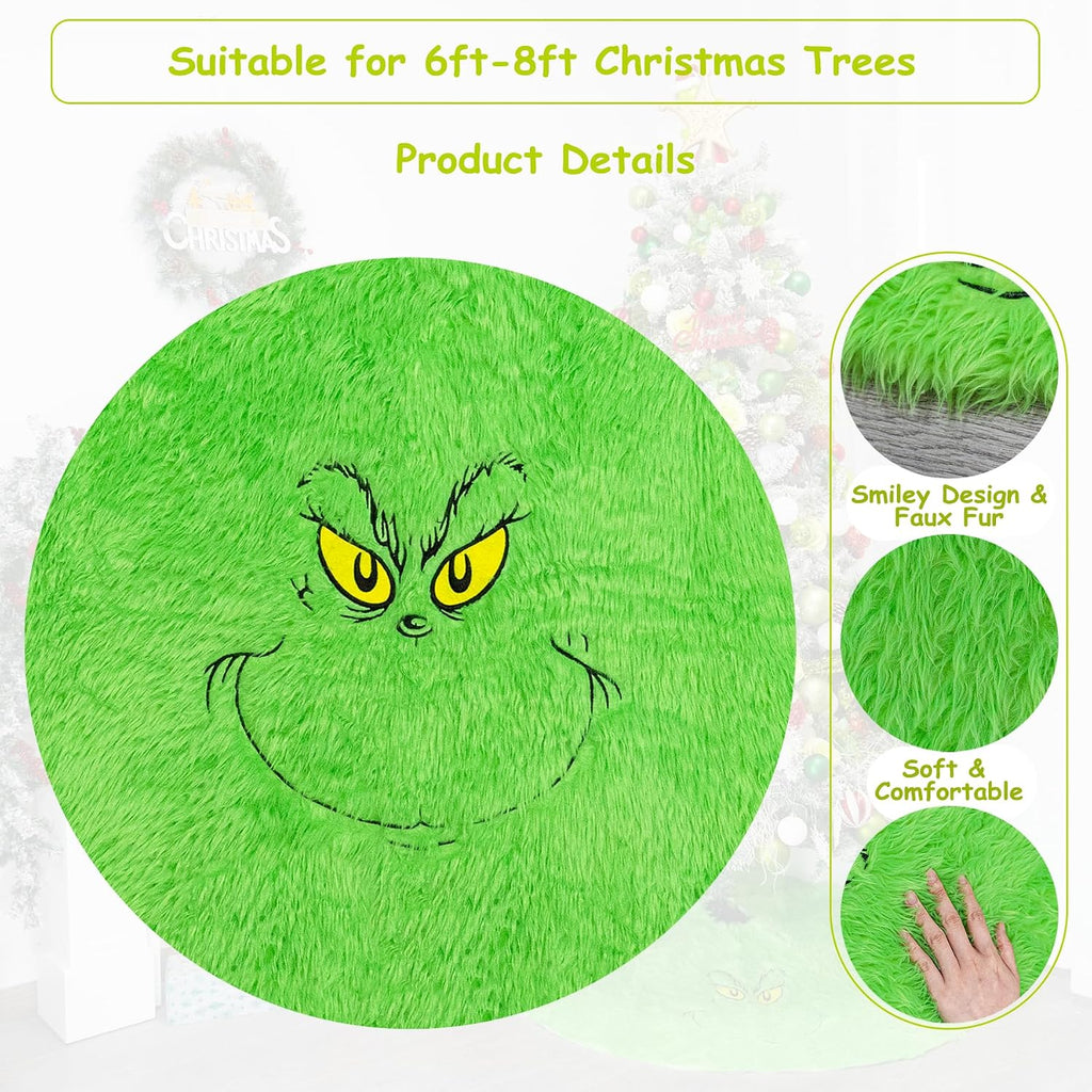 48 inch Green Christmas Tree Skirt, Plush Faux Fur Xmas Tree Skirt | Whimsical Funny Velvet Farmhouse Tree Skirt Decorations for 6-7 ft Tree Halloween Xmas Holiday Party