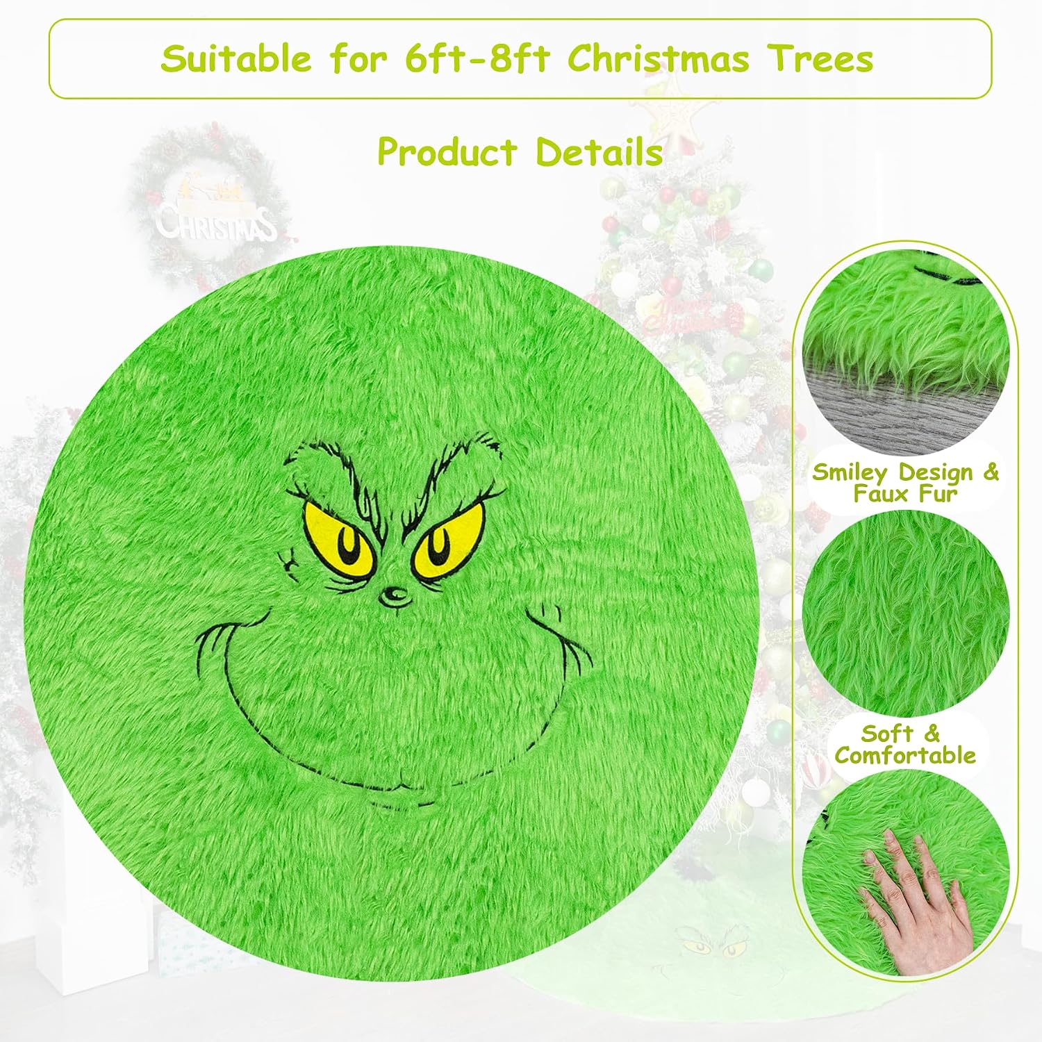 48 inch Green Christmas Tree Skirt, Plush Faux Fur Xmas Tree Skirt | Whimsical Funny Velvet Farmhouse Tree Skirt Decorations for 6-7 ft Tree Halloween Xmas Holiday Party