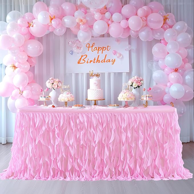 Partisky Pink Tulle Curly Willow Table Skirt for Rectangle Table 9ft, Ruffle Tutu Table Cloth for Girls Baby Shower,Birthday Party Candy Cake Tables