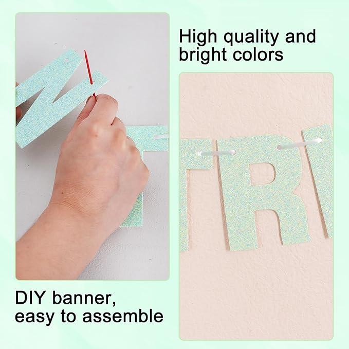 BEISHIDA 116 PCS Glitter Light Green DIY Letter Banner Kit Make Your Own Banner，Including 111 Letters and Numbers 3 Rope and 7 Threading Device,Customized for Birthday Graduation Wedding Party Decor