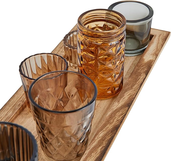 Wood Tray with 9 Brown Glass Votive Holders (Set of 10 Pieces)