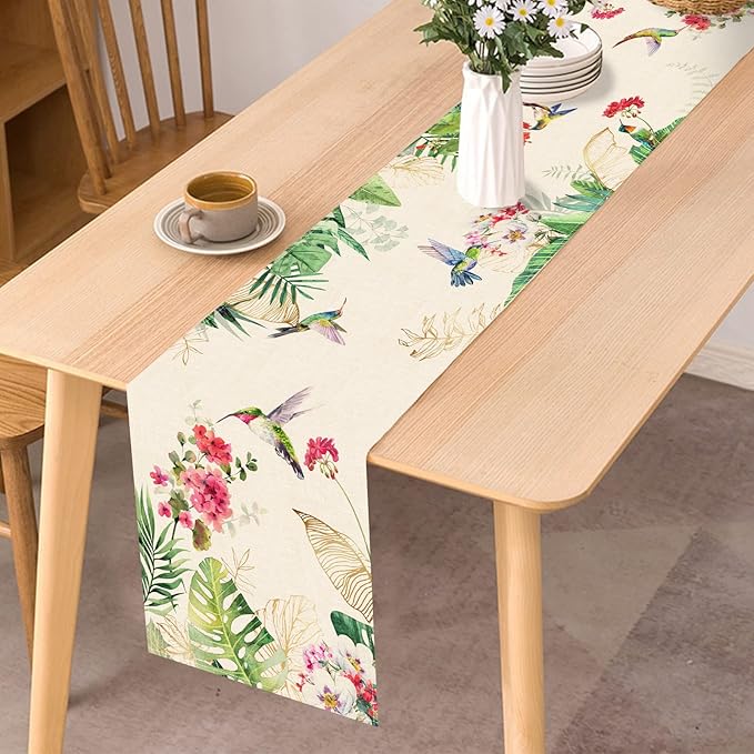 Seliem Summer Tropical Hummingbird Palm Leaf Greenery Table Runner, Spring Birds Home Kitchen Monstera Geranium Flowers Dining Decor, Seasonal Burlap Decorations Anniversary Party Supply 13 x 48 Inch