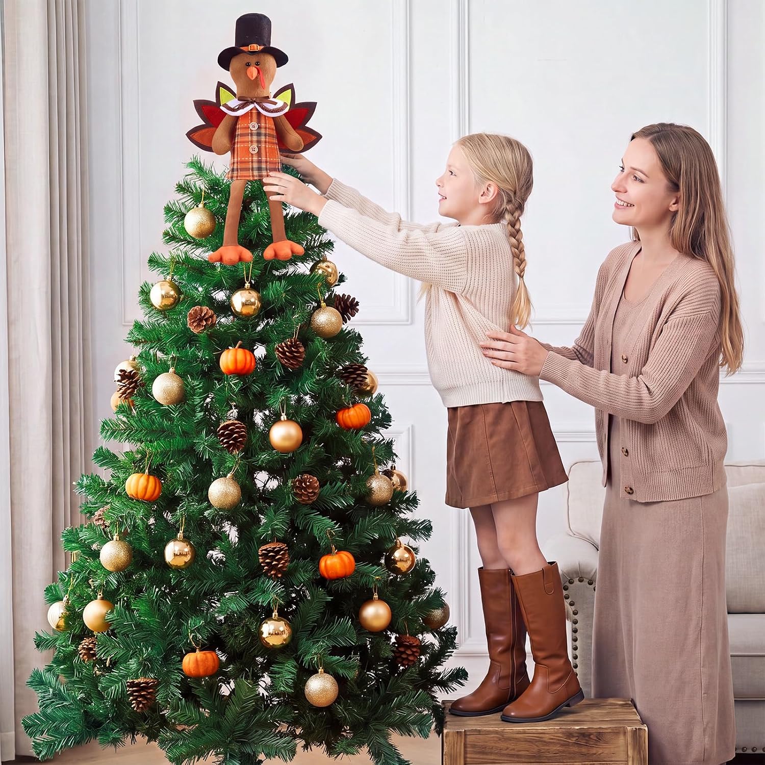 Soulchen 21 Inch Thanksgiving Turkey Tree Topper Plush Gnome Fall Tree Topper with Wings Hat and Dangle Legs Harvest Autumn Ornament for Home Farmhouse Party Decor