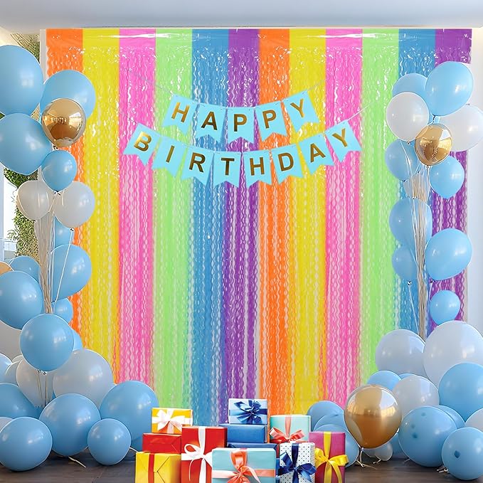 4 Pack Colorful Foil Fringe Curtain Backdrop - 3.3 x 6.6ft Wavy Rainbow Tinsel Backdrop Curtain Metallic Streamers Holiday Photo Booth Party Decorations