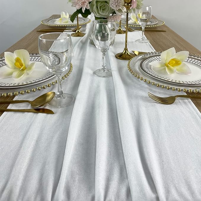 Luxurious Velvet Table Runner, 10ft Wedding Reception Decorations, 20x120inch Soft Velvet Fabric, Table Linen Overlay, Wedding Table Runners (White, 20X120inch)