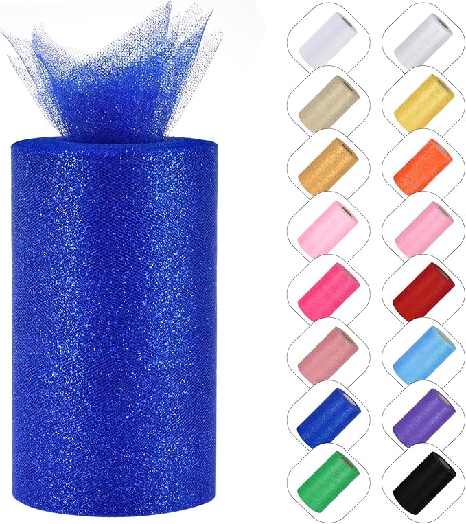 Glitter Tulle Rolls 6” by 50 Yards Sparkle Tulles Fabric Ribbon Sequin Tulle Netting Rolls for DIY Tutu Skirt Wedding Birthday Party Decoration (Royal Blue)