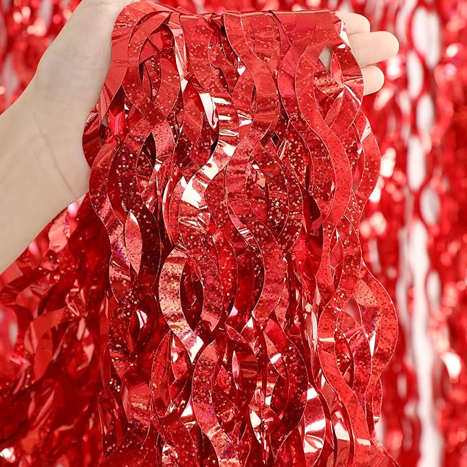 3 Pack Red Backdrop Curtain - CYLMFC 3.3 ft x 6.6 ft Foil Backdrop Curtain Streamers Birthday Decorations for Birthday Party Christmas Graduation Decor