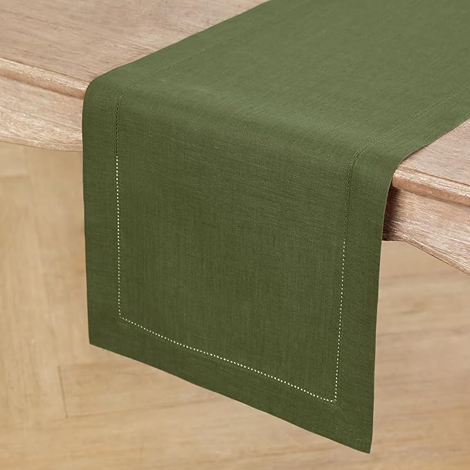 Solino Home Linen Table Runner 60 Inches - 100% Pure Linen Olive Hemstitch Table Runner 14 x 60 Inch Ideal for Dresser and Coffee Tables - Classic Hemstitch - Thanksgiving