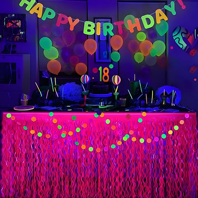Mega-L Glow in The Dark Party Supplies, 2 Pack Neon Party Decorations Fluorescent Macaron Fuchsia Wavy Metallic Tinsel Foil Fringe Table Skirts, Perfect Table Decors for Glow Birthday Decor
