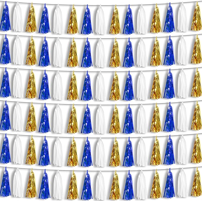 6P Navy-Blue White-Gold Foil Fringe Metallic Tassel-Garland, Tassels Banner Streamers for Parade Floats, Bachelorette, Wedding, Birthday, Graduation, Christmas, Bridal/Baby Shower Party Decorations