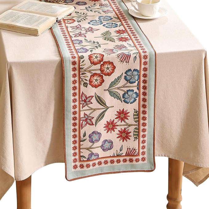 Decorative Linen French Table Runner 71 Inches Long,Green Floral Rustic Runner for Table Decor Tabletop Table Runners for Kitchen,Dining,Tea Party,Home,Christmas,12"*71"