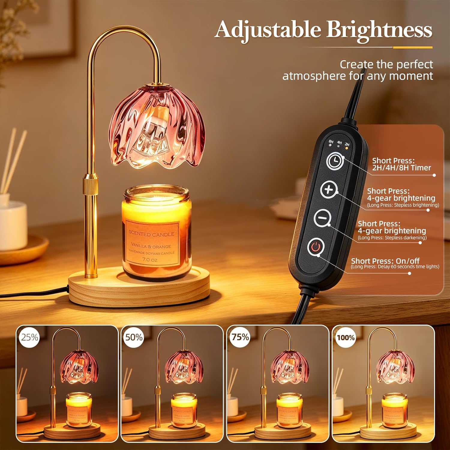 Flower Candle Warmer Lamp with Timer, Dimmable Adjustable Height Wax Melts Warmer for Jar Candles, Birthday Gifts for Women Mom, House Warming Gifts New Home, Bedroom Living Room Decor (Rose Red)