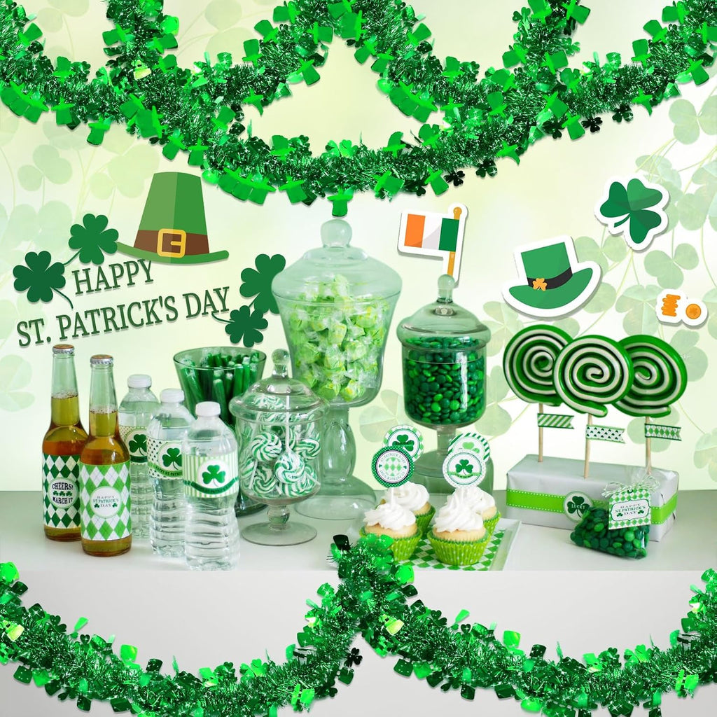TURNMEON 3 Pack Total 49.2 Ft St.Patrick's Day Tinsel Garlands Decorations DIY Shamrocks Wreath for Front Door Irish Leprechaun Hat St.Patrick's Day Decorations Outdoor Indoor Home,16.4Ft by 4.3" Each