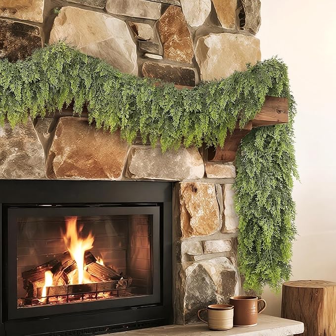 Real Touch Cedar Garland - Artificial Christmas Garlands Faux Green Cedar Fake Pine Needles Garland for Fireplace,Table, Stairs, Mantle, Window,Indoor Outdoor,Home,Holiday Decor(2 PCS,6 FT)