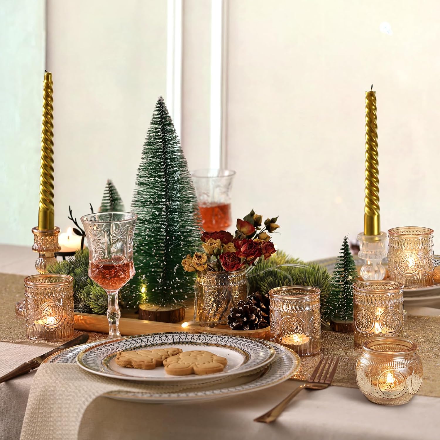 12pcs Assorted Gold Candle Holders, Votive Candle Holders, Glass Tea Lights Candle Holder for Christmas Decorations, Wedding Decorations, Vintage Boho Home Tea Party Decor,