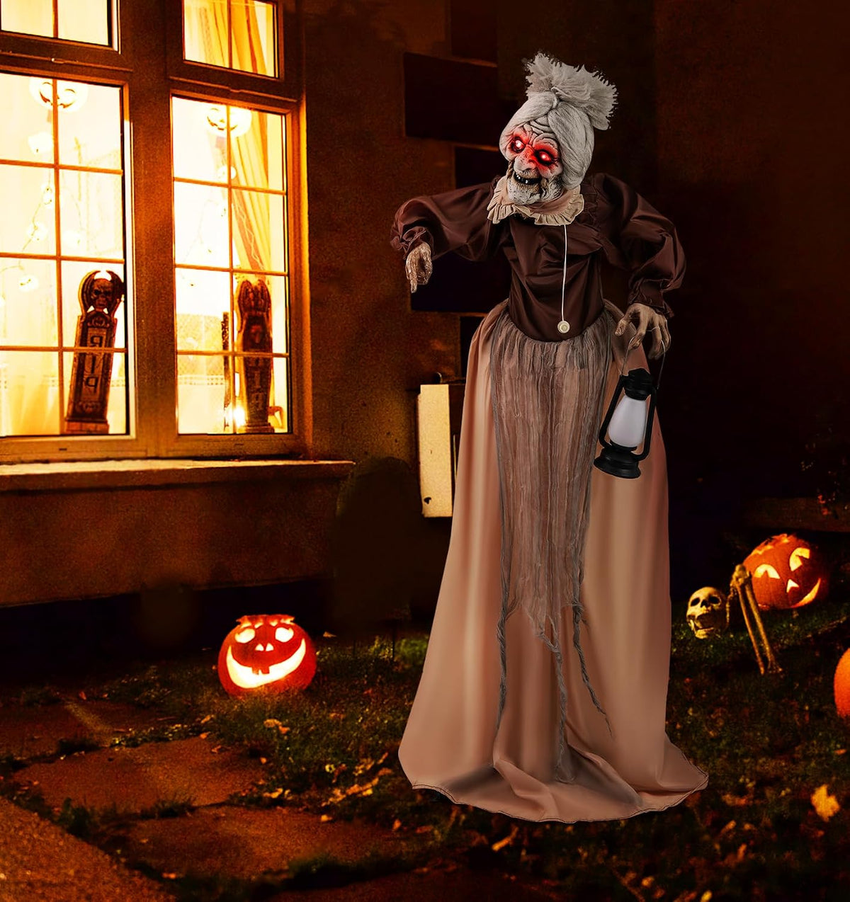 Tangkula 5 FT Halloween Standing Animated Old Lady Holding Lantern