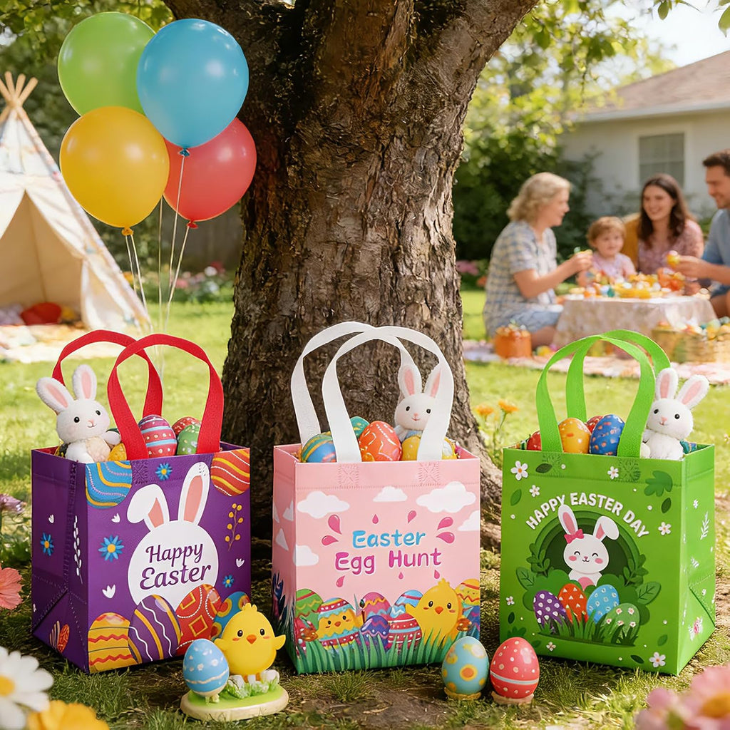 STARSIDE 8 Pack Easter Egg Hunt Bags with Handles for Kids - Reusable Non-Woven Cute Bunny Chick Carrot Tote Bags for Gift Wrapping, Easter Treats, Goodie Bags & Party Favors (7.09x5.91x7.87 Inches)