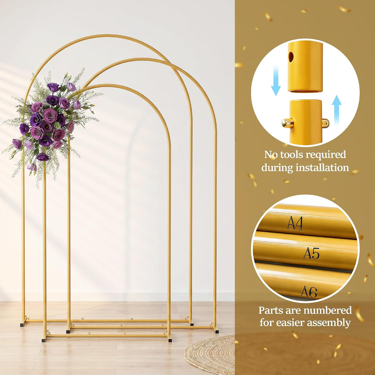 Metal Arch Backdrop Stand 3 Set (7.2FT+6.6FT+6FT), Gold Wedding Arch Frame