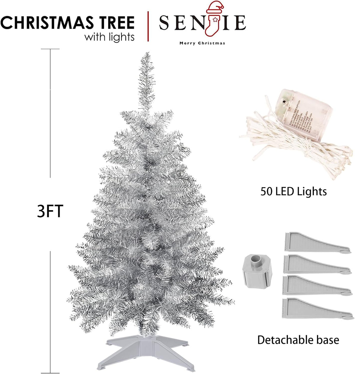 3ft silver artificial small christmas tree mini tabletop, close-up detail