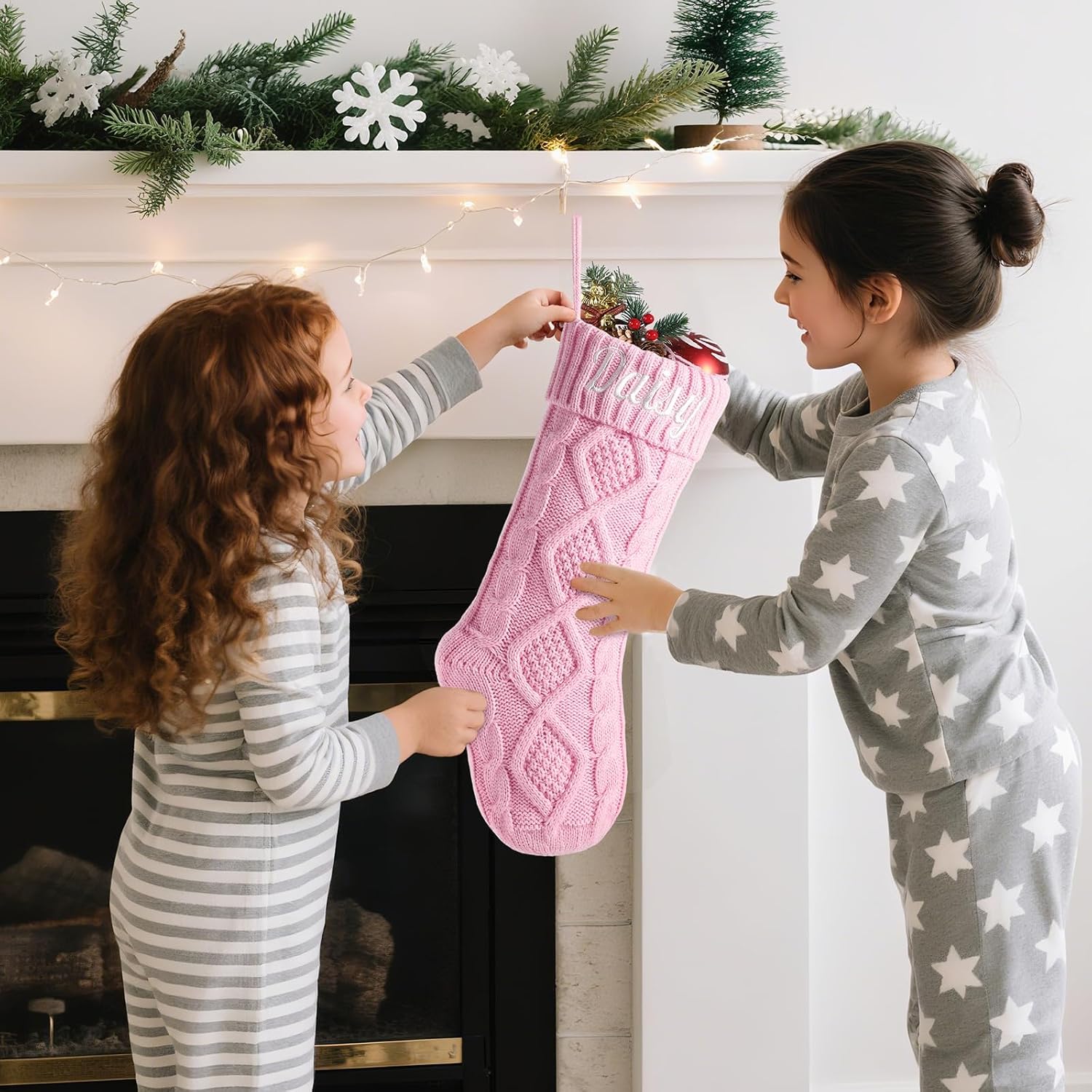 Personalized Christmas Stockings with Christmas Cards,Custom Embroidered Name Pink Christmas Stocking for Baby Kids Girl Family,18" Large Cable Knit Xmas Stockings for Fireplace