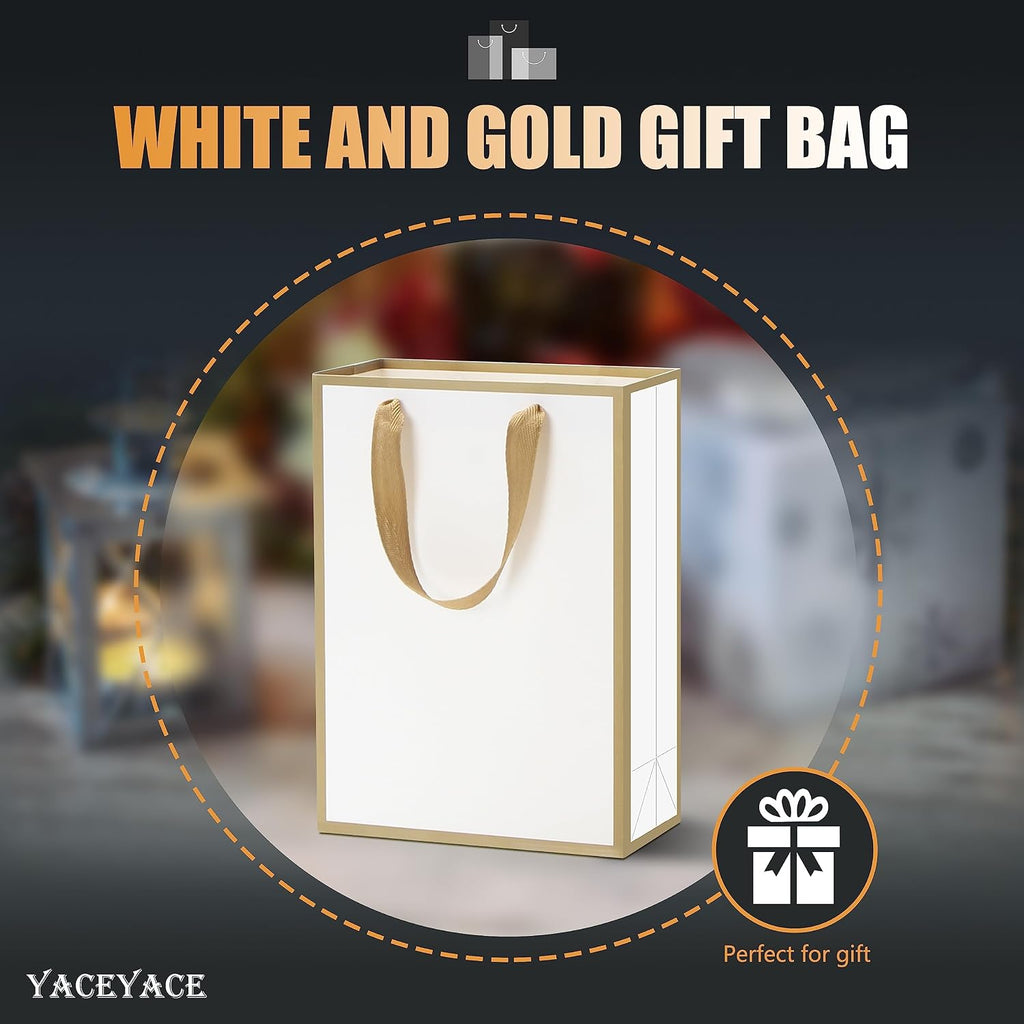 YACEYACE White Gift Bags - Medium Size, 10 Pcs, 8" x 4" x 10.5" with Gold Frame, Paper Party & Wedding Bags