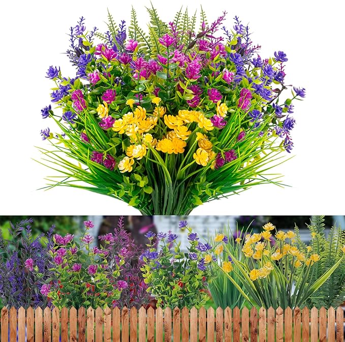 20 Bundles Artificial Flowers Outdoor No Fade UV Resistant Fake Plastic Flowers Faux Plants for Garden Patio Porch Window Box Home Wedding Farmhouse Hanging Décor