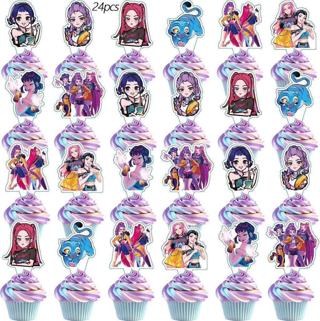 25Pcs Demon Movie Hunters Cake Decorations with 24pcs Cupcake Toppers, 1pcs Happy Birthday Cake Topper, Cartoon Themed Party Supplies, Perfect for Birthday Party Decorations