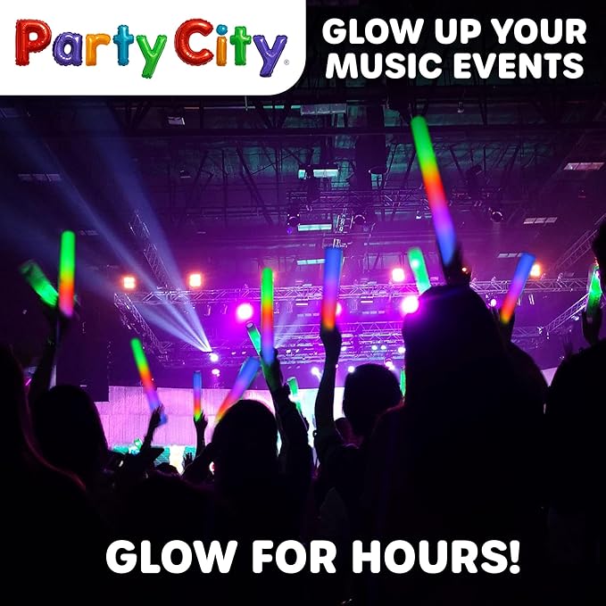 Party City 24pk LED Foam Glow Sticks 14”- Glow in the Dark Party Supplies Favors, Colorful Flashing Wand with 3 Modes, Light Up Foam Sticks Bulk Party Pack for Wedding, Birthday, Concert, Halloween