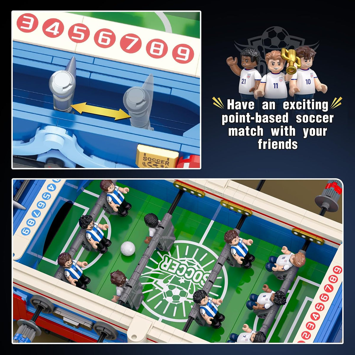 soccer mini foosball table game building block set shown in use