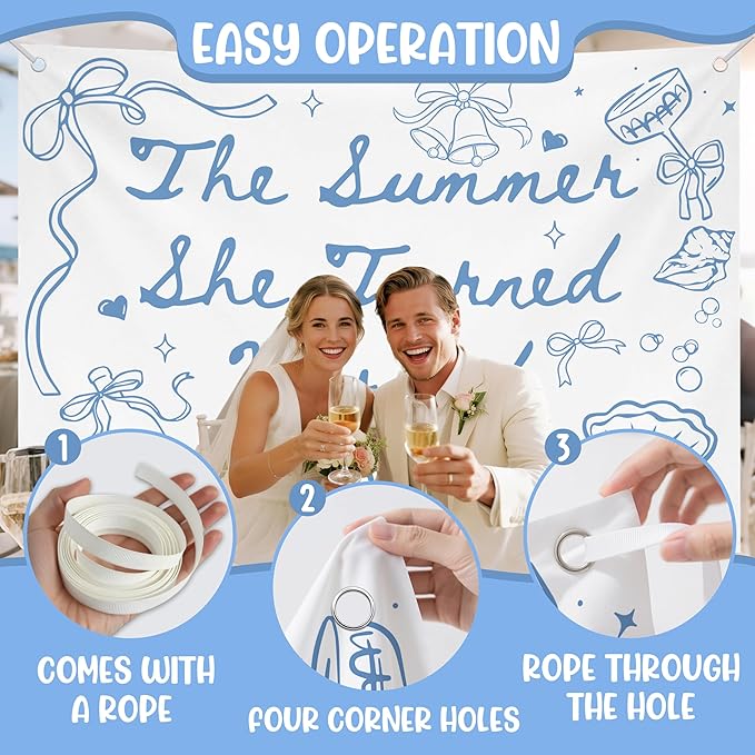 The Summer She Turned Married Backdrop - Beach Wedding Party Decorations - Bridal Shower Bachelorette Party Background Blue