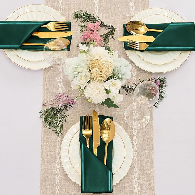 12 Pieces Forest Green Satin Napkins, 17" x 17" Square Table Napkins, Silky Soft Smooth Washable Napkins for Restaurant, Weddings, Dinner, Party Decoration
