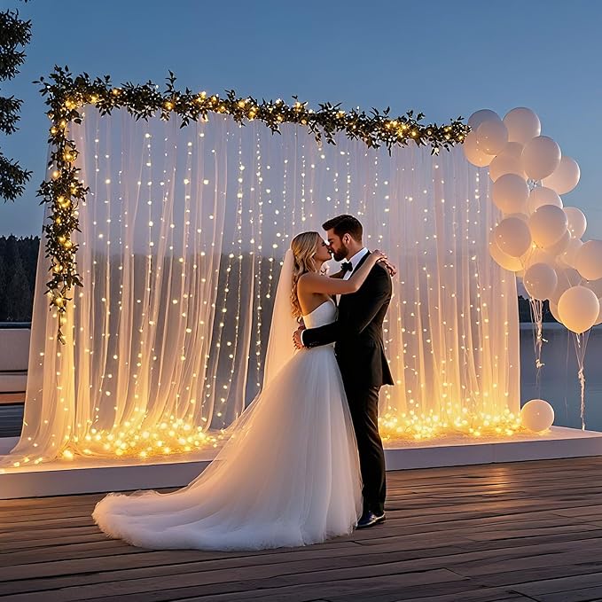 Ledido 10×8ft Tulle Backdrop Curtains with Lights String - 300LED Fairy Lights Sheer Curtain Backdrop for Weddings Baby Shower and Birthday Party Decorations(6 Panels 5×8ft)