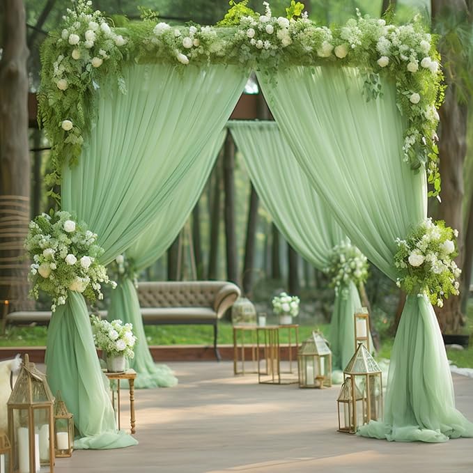 10x10 Green Tulle Backdrop Curtains for Parties, Sheer Backdrop Curtain Wedding Photo Background Drapes for Baby Shower Photography Birthday Party