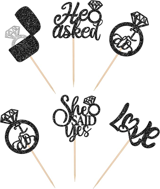 30 PCS He Asked She Said Yes Cupcake Toppers Love I Do Diamond Ring Cupcake Picks for Wedding Enaggement Bridal Shower Party Cake Decorations Supplies Black