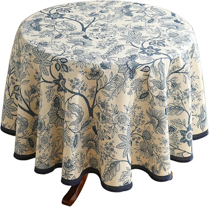 ISAENNE Designer French Linen Small Round Tablecloth,Blue Floral Washable Indoor Table Cloth,Durable Home Decor Tablecloths for Dining Thanksgiving Kitchen Party Christmas,Diameter 55"-Ruyi B