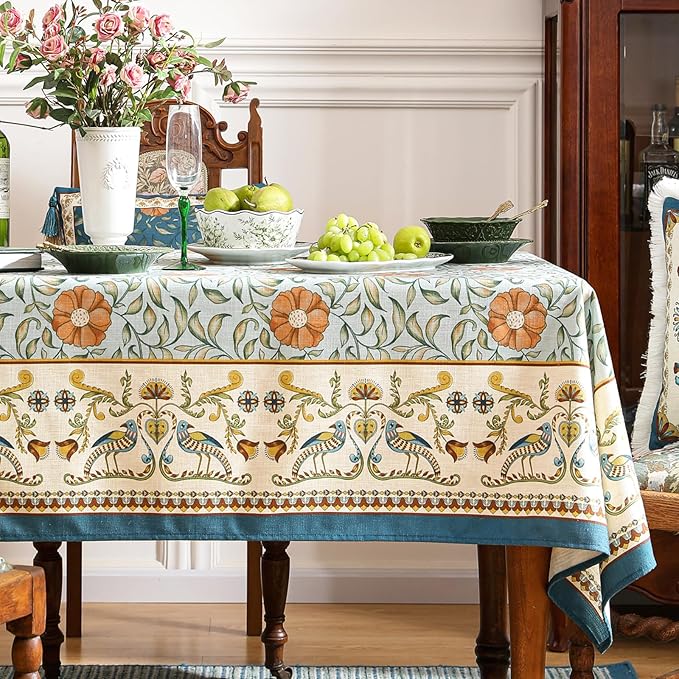 patdrea Designer French Linen Blue Tablecloth for Rectangle Table,Vintage Floral Table Cloth,Colorful Decoration Fall Cover Kitchen Dining for Thanksgiving,Tea Party,Christmas,63"x94"-Wensel