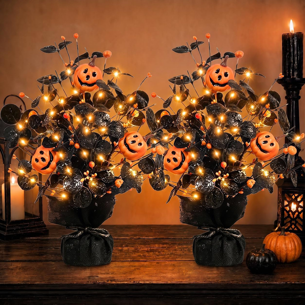 2Pack Lighted Halloween Table Tree, Halloween Pumpkin Decorations for Home