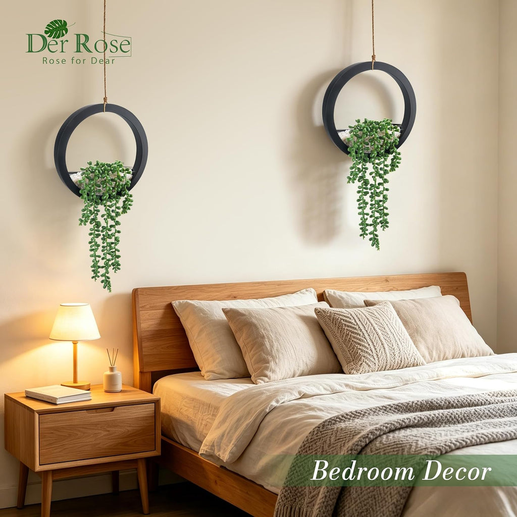 Der Rose 2 Pack Fake Plants Hanging Artificial Succulents Plants in Black Pots for Living Room Bathroom Accessories Boho Farmhouse Wall Decor