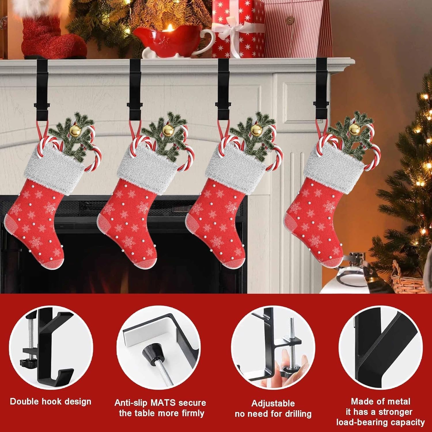 Fireplace Stocking and Garland Hanger, 2 in 1 Mantel Hanger for Garland, Fireplace Stocking Holders for Mantle Garland Hooks for Xmas Holiday Home Party Decoration (Black,3)