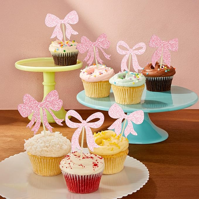 Gyufise 36Pcs Bow Cupcake Toppers Glitter Bowknot Cupcake Picks Bow Tie Birthday Decorations Princess Bow Cupcake Decorations for Bowknot Theme Baby Shower Birthday Party Supplies Multi Pink