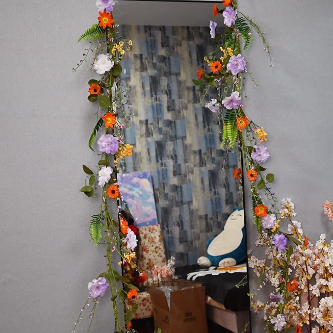 2PCS Artificial Daisy Garland, 6FT Faux Flower Hanging Vine, Purple Flowers Ivy, Spring Garland with Eucalyptus Boston Fern Vine for Sign Board Party Home Decor