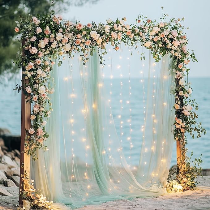 Tulle Backdrop Curtain with Lights String 10FT X 8FT Sage Green Sheer Tulle Backdrop Curtains for Wedding Birthday Party Reception Photo Booth Background Decorations (2 Panels 5x8FT)