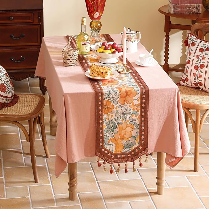 Designer Vintage Floral Printed Table Runner,French Soft Linen Farmhouse Table Runners 87 Inches Long,Italian Decor Tabletop for Kitchen,Dining,Party,Home,Christmas,12"*87"