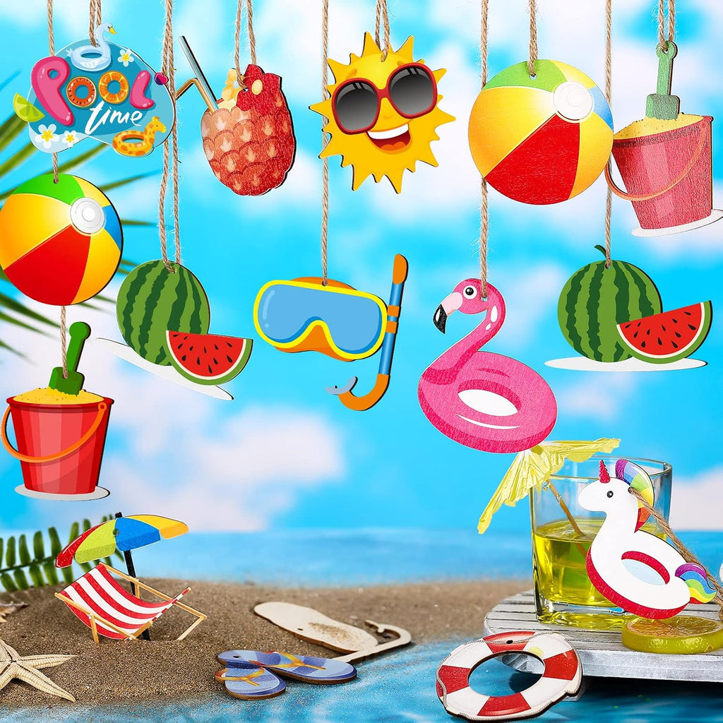 Chunful 36 Pieces Summer Tree Ornaments Christmas in July Wood Hanging Decoration Beach Wooden Slices Winter Tree Ornaments with String for Luau Hawaiian Party Supplies (Pool Style)