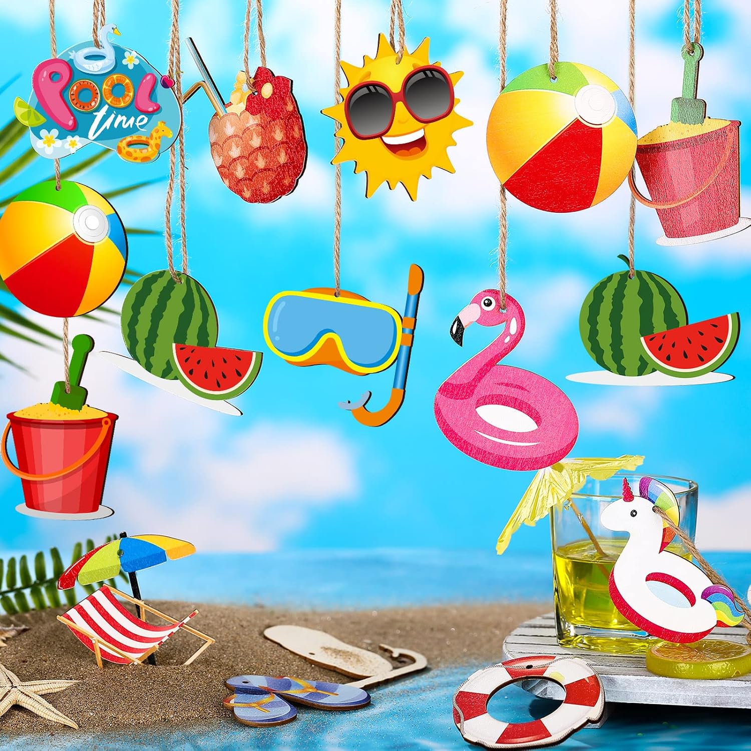 Chunful 36 Pieces Summer Tree Ornaments Christmas in July Wood Hanging Decoration Beach Wooden Slices Winter Tree Ornaments with String for Luau Hawaiian Party Supplies (Pool Style)