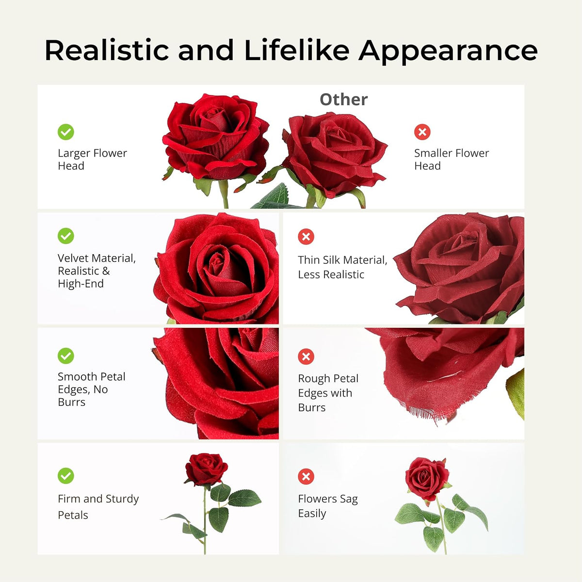 auihiay 60pcs red roses artificial flowers, faux roses, side view