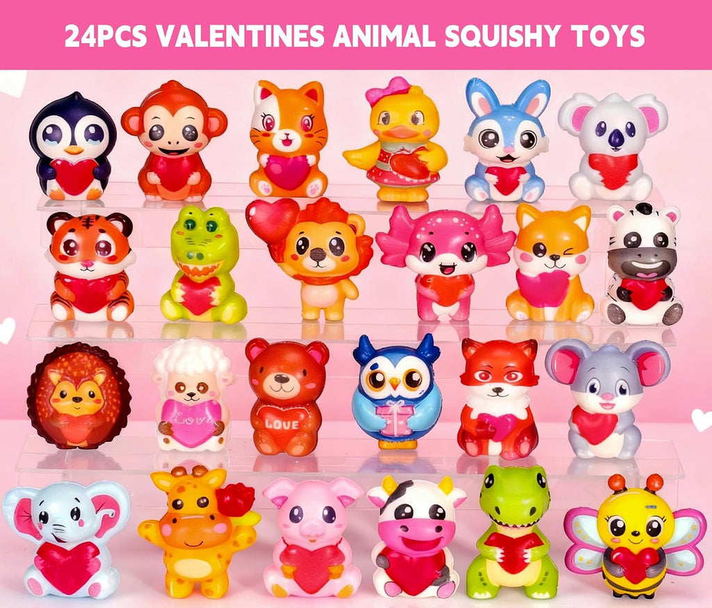 24Pcs Valentines Day Gifts for Kids, Animal Heart Squishy Toys With Cards for Galentines School Gift Exchange, Classroom Prizes, Bag Stuffers, Party Favors