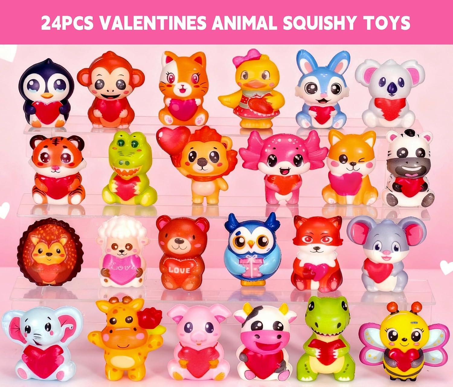 24Pcs Valentines Day Gifts for Kids, Animal Heart Squishy Toys With Cards for Galentines School Gift Exchange, Classroom Prizes, Bag Stuffers, Party Favors