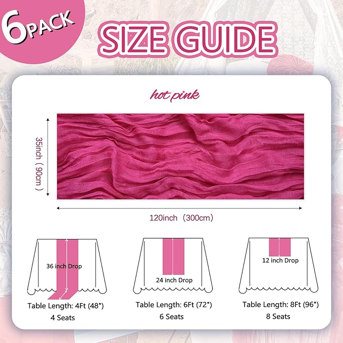 6 Pack Hot Pink Cheesecloth Table Runner 10ft Boho Gauze Fabric Cheese Cloth Table Runner 35 x 120 Inch Rustic Sheer Runner for Romantic Wedding Decor Baby Shower Party Table Centerpiece Decoration