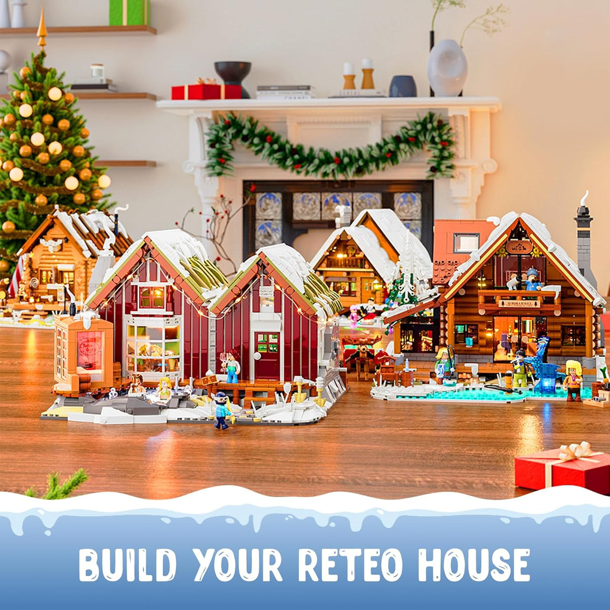 lumibricks spa-cabin winter lighting-building-bricks set - 2235 pcs on a desk or shelf